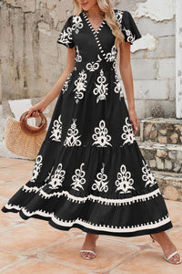 Womens Summer Casual V Neck Boho Maxi Dress Flowy Aline Bell Sleeve Tiered Floral Dresses with Pocket