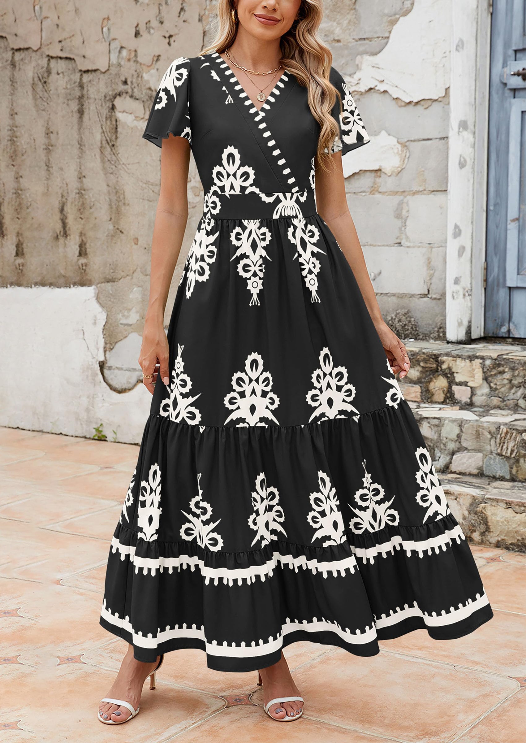 PRETTYGARDEN Womens Casual V Neck Boho Maxi Dress Flowy Aline Bell Sleeve Tiered Floral Dresses with Pocket