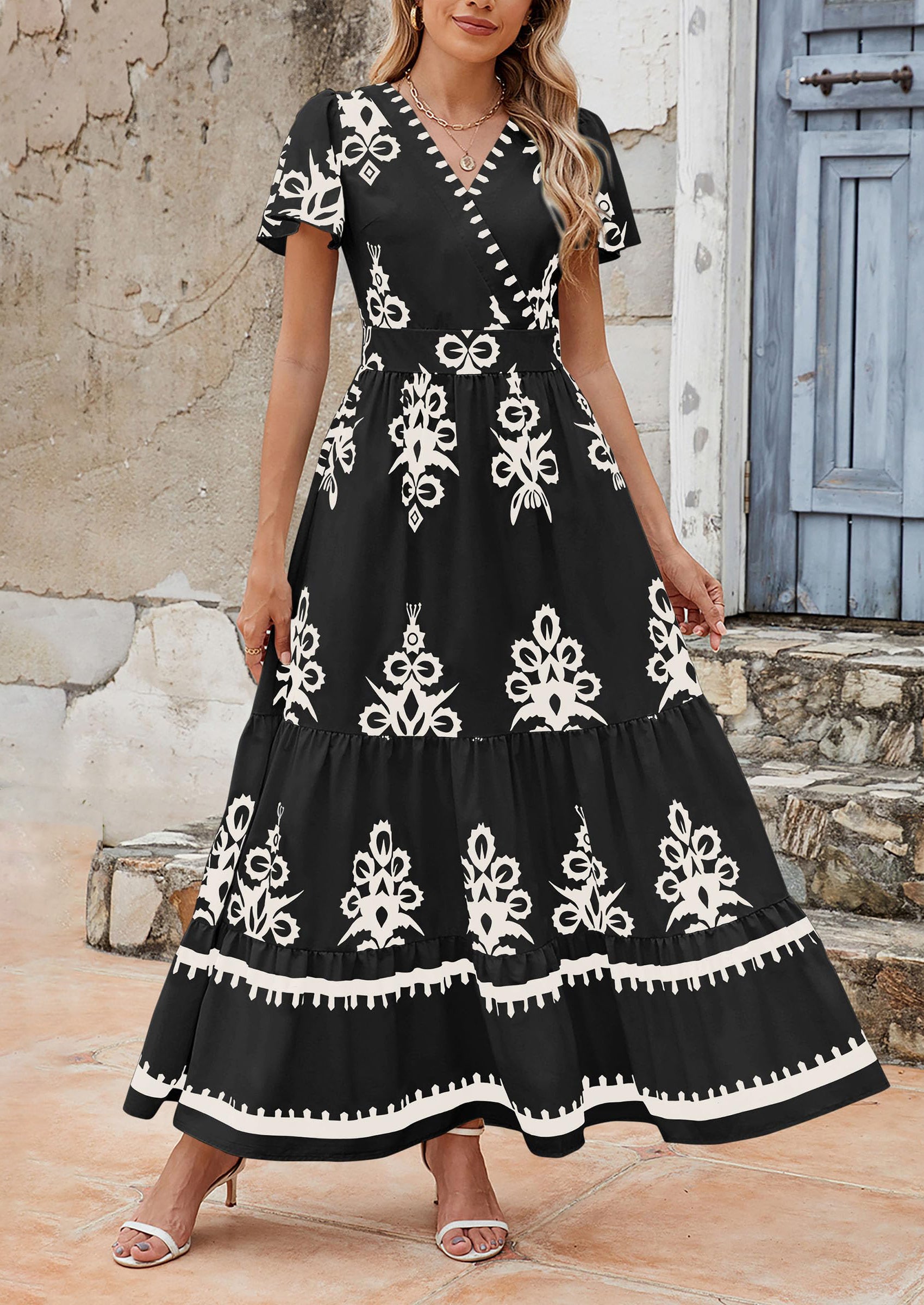 PRETTYGARDEN Womens Casual V Neck Boho Maxi Dress Flowy Aline Bell Sleeve Tiered Floral Dresses with Pocket