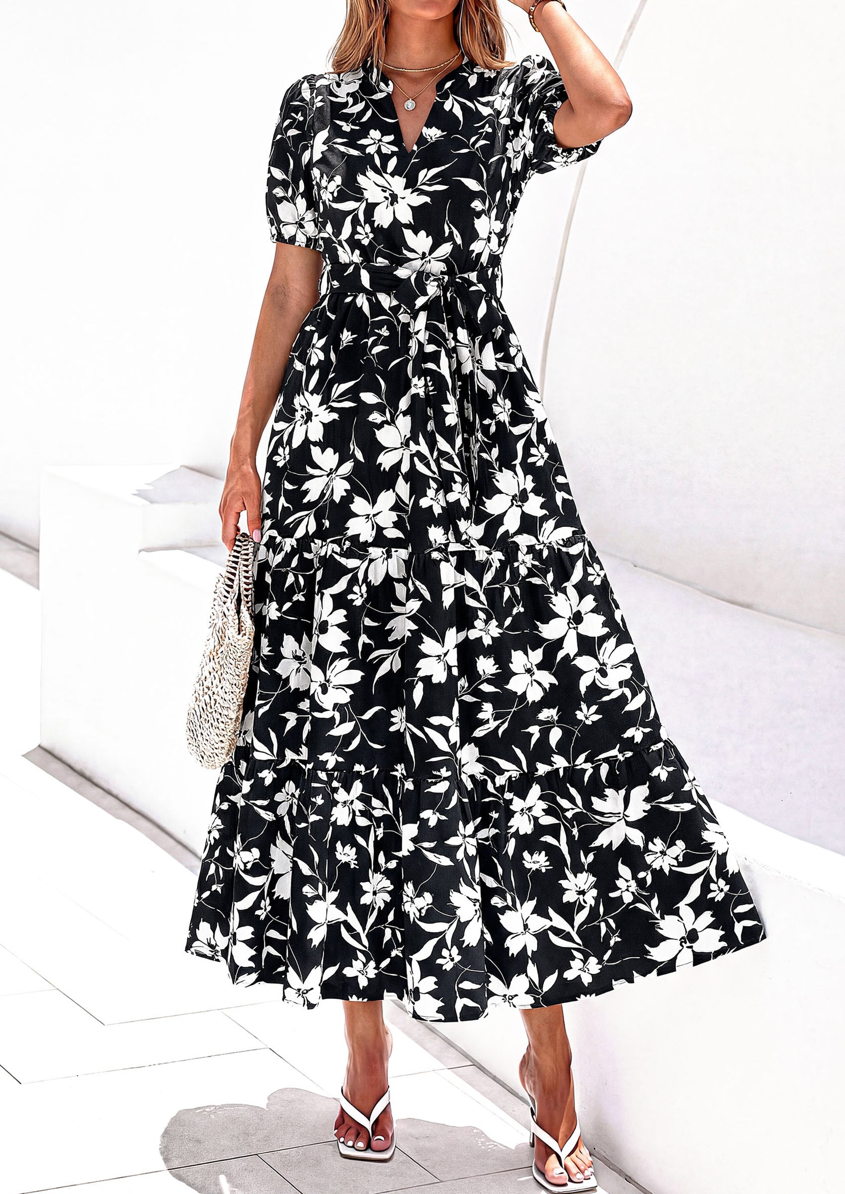 PRETTYGARDEN Women's Summer Maxi Dresses Boho Floral Short Sleeve V Neck Casual Wedding Guest 2026 Beach Vacation Outfits