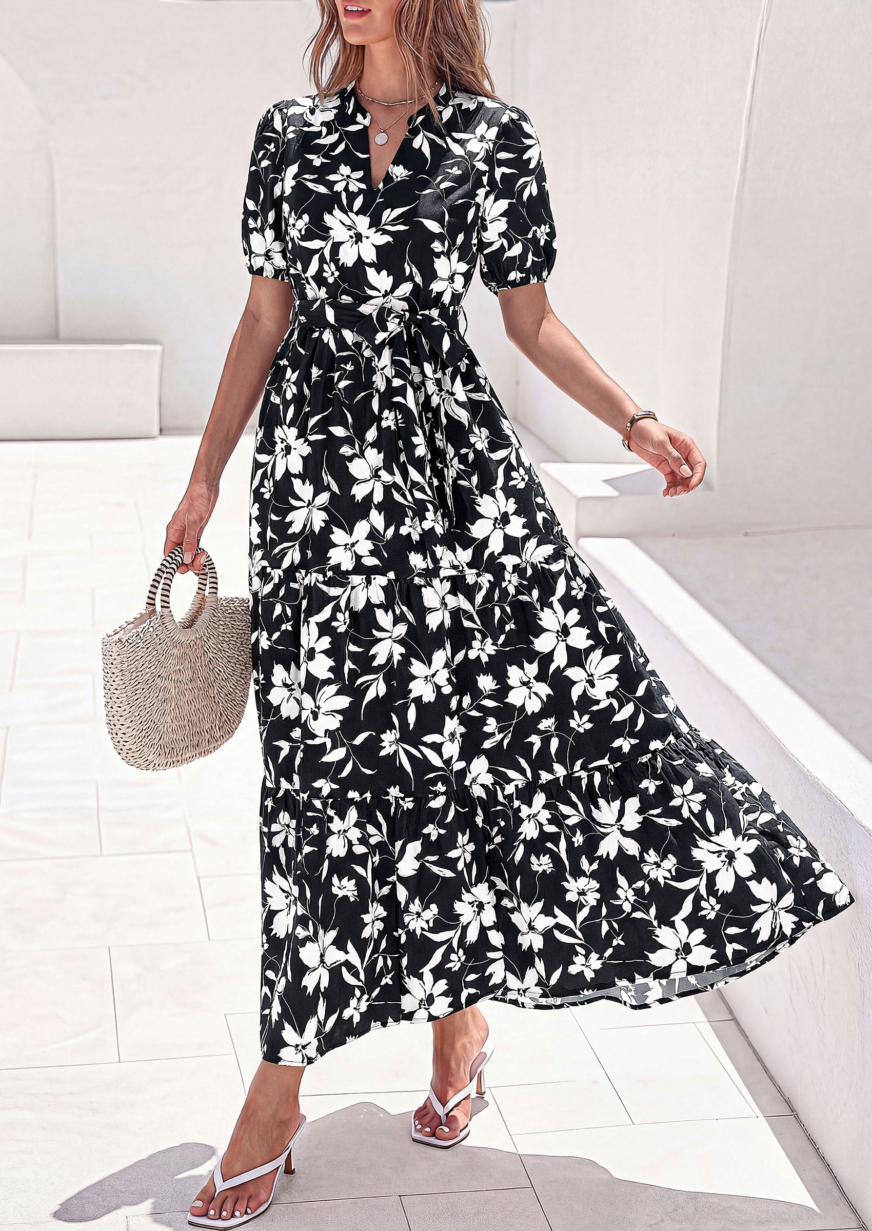 PRETTYGARDEN Women's Summer Maxi Dresses Boho Floral Short Sleeve V Neck Casual Wedding Guest 2026 Beach Vacation Outfits
