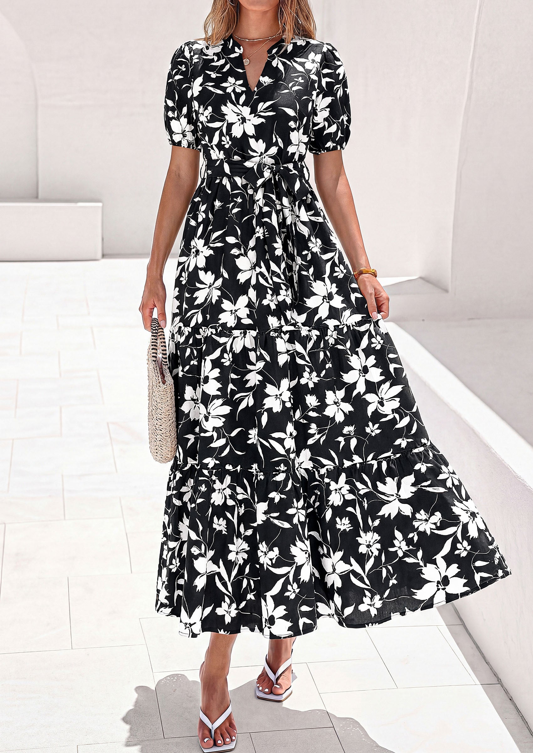 PRETTYGARDEN Women's Summer Maxi Dresses Boho Floral Short Sleeve V Neck Casual Wedding Guest 2026 Beach Vacation Outfits
