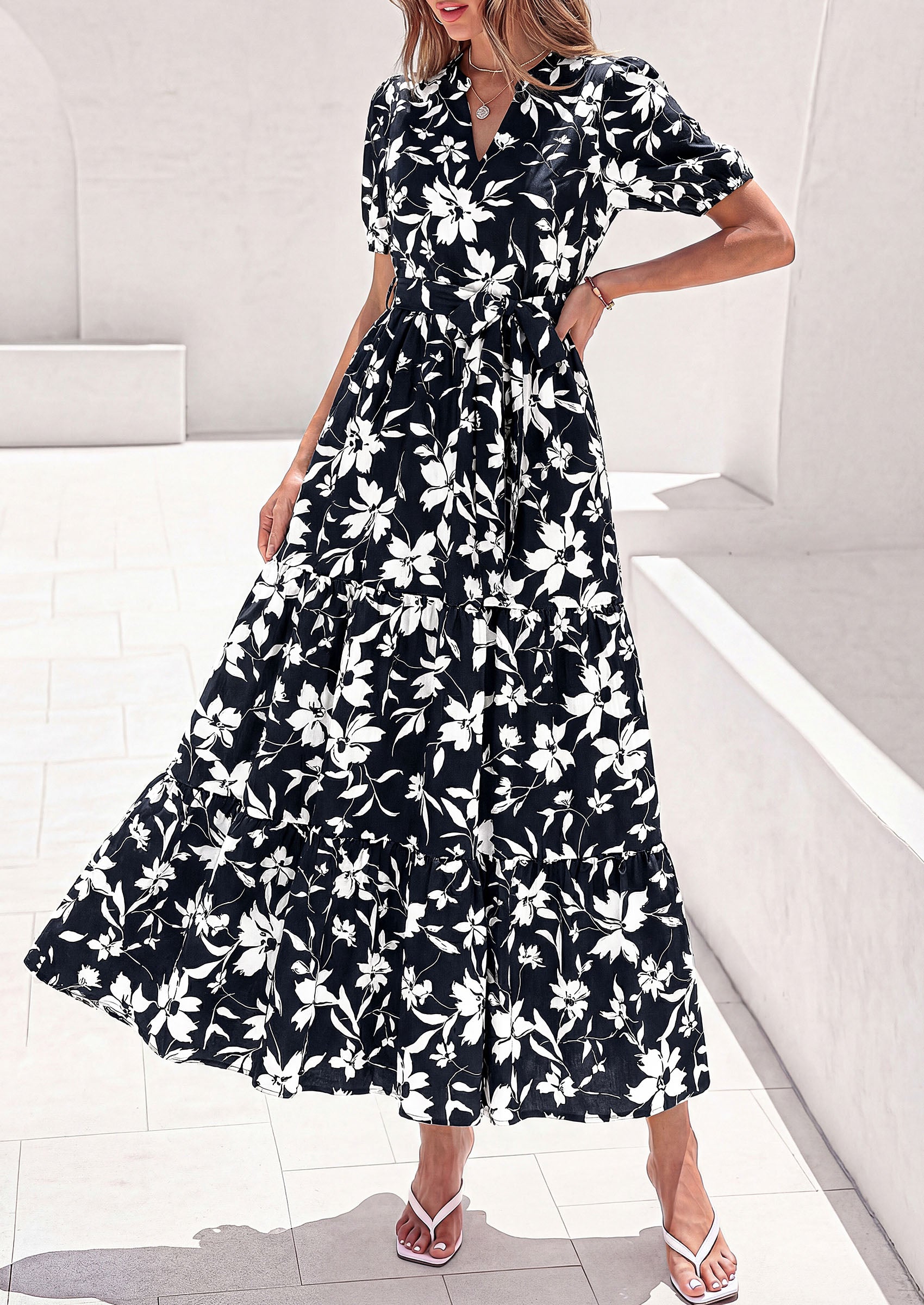 PRETTYGARDEN Women's Summer Maxi Dresses Boho Floral Short Sleeve V Neck Casual Wedding Guest 2026 Beach Vacation Outfits