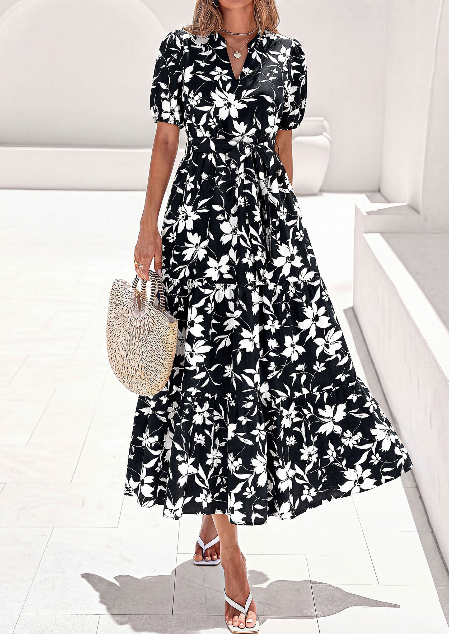 PRETTYGARDEN Women's Summer Maxi Dresses Boho Floral Short Sleeve V Neck Casual Wedding Guest 2026 Beach Vacation Outfits