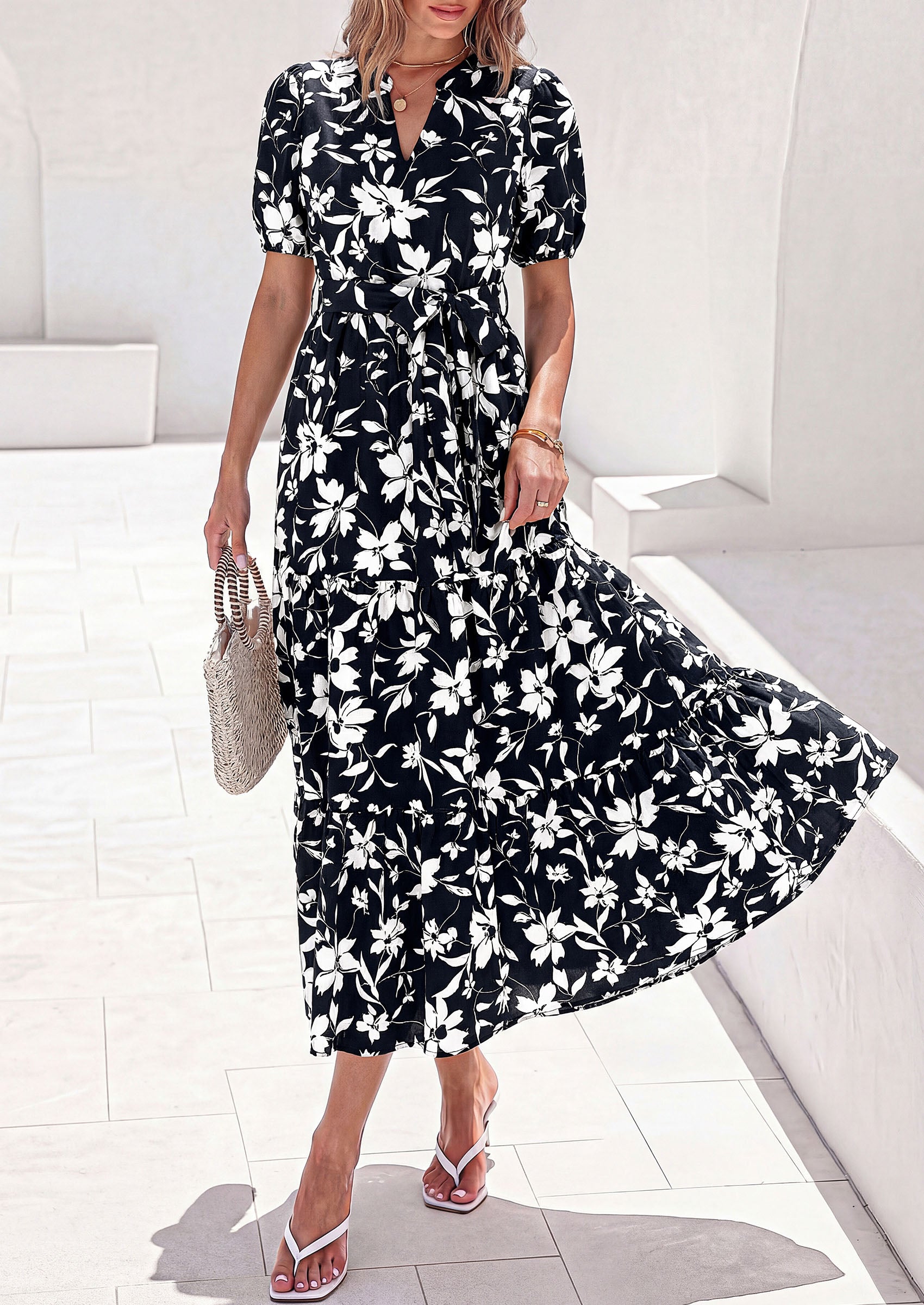 PRETTYGARDEN Women's Summer Maxi Dresses Boho Floral Short Sleeve V Neck Casual Wedding Guest 2026 Beach Vacation Outfits
