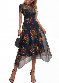 PRETTYGARDEN Cocktail Dresses for Women Summer Short Sleeve Floral Mesh Sheer Midi Party Wedding Guest Dress