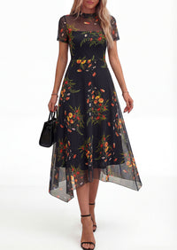 PRETTYGARDEN Cocktail Dresses for Women Summer Short Sleeve Floral Mesh Sheer Midi Party Wedding Guest Dress