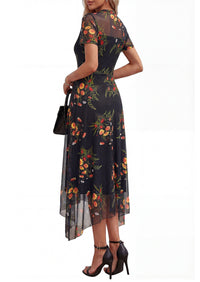 PRETTYGARDEN Cocktail Dresses for Women Summer Short Sleeve Floral Mesh Sheer Midi Party Wedding Guest Dress