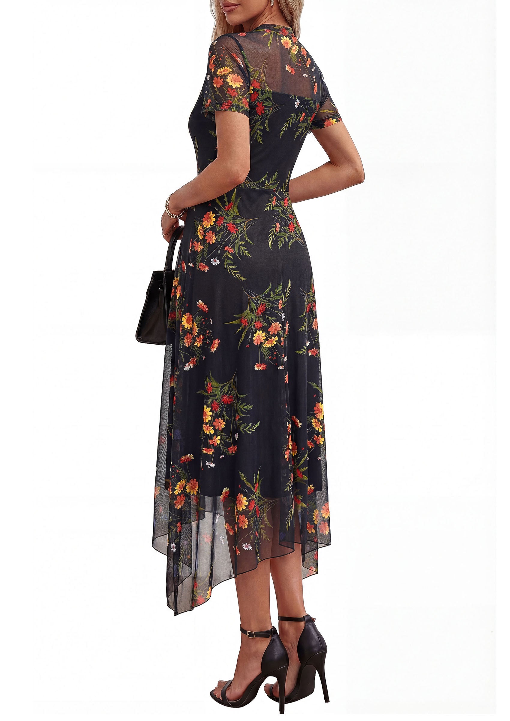 PRETTYGARDEN Cocktail Dresses for Women Summer Short Sleeve Floral Mesh Sheer Midi Party Wedding Guest Dress