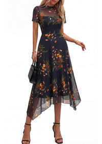 PRETTYGARDEN Cocktail Dresses for Women Summer Short Sleeve Floral Mesh Sheer Midi Party Wedding Guest Dress