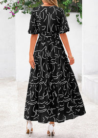 PRETTYGARDEN Women's Maxi Dress Resort Wear Boho Floral V Neck Puff Short Sleeve Ruffle Flowy Beach Long Dresses