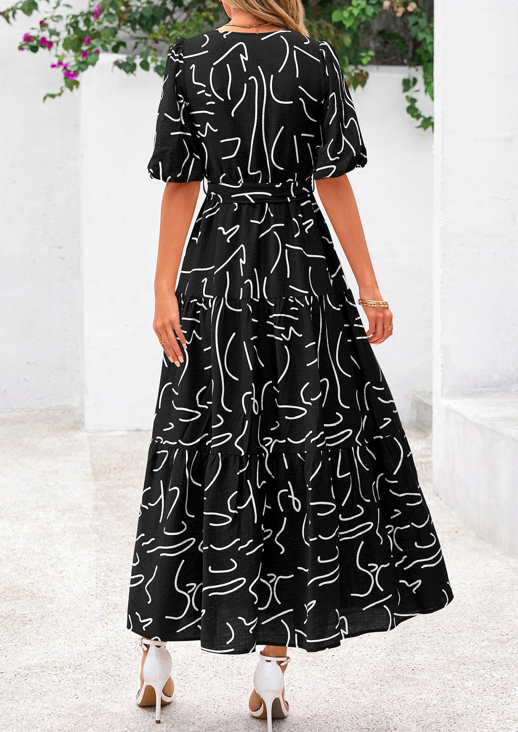 PRETTYGARDEN Women's Maxi Dress Resort Wear Boho Floral V Neck Puff Short Sleeve Ruffle Flowy Beach Long Dresses