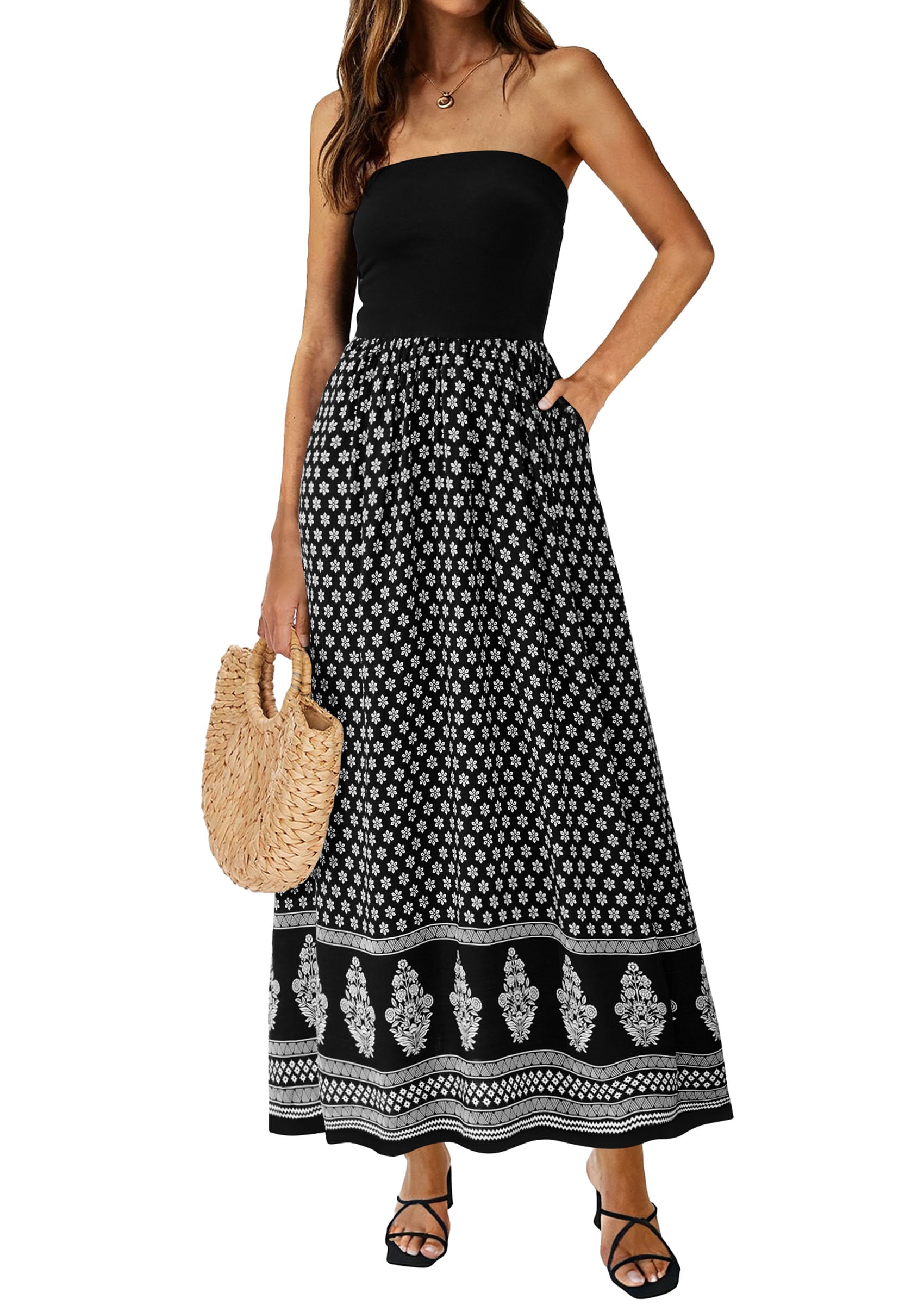 PRETTYGARDEN Summer Dresses for Women 2026 Floral Patchwork Strapless Tube Long Flowy Dress Beach Vacation Clothes