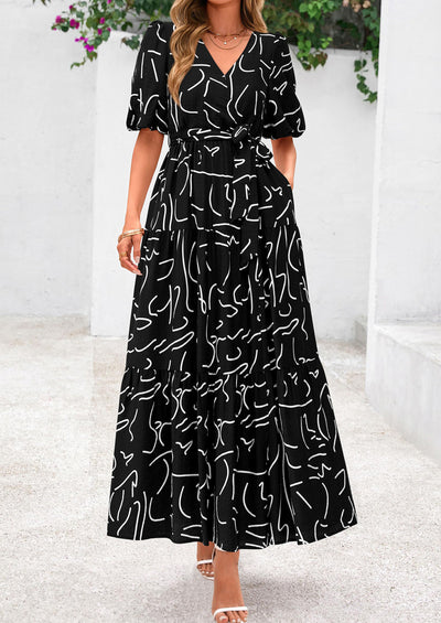 PRETTYGARDEN Women's Maxi Dress Resort Wear Boho Floral V Neck Puff Short Sleeve Ruffle Flowy Beach Long Dresses