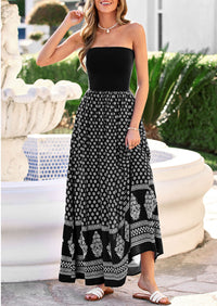 PRETTYGARDEN Summer Dresses for Women 2026 Floral Patchwork Strapless Tube Long Flowy Dress Beach Vacation Clothes