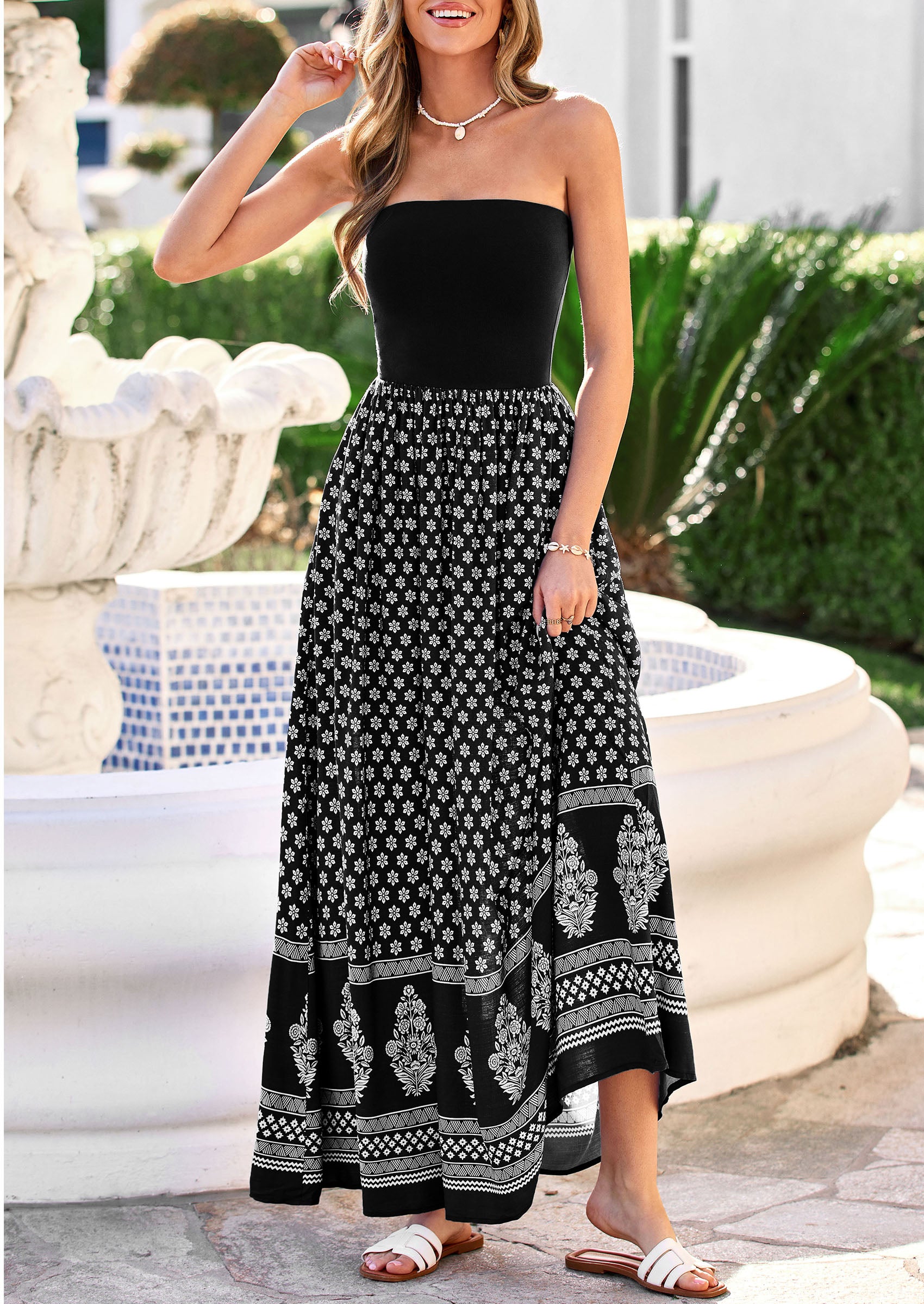 PRETTYGARDEN Summer Dresses for Women 2026 Floral Patchwork Strapless Tube Long Flowy Dress Beach Vacation Clothes