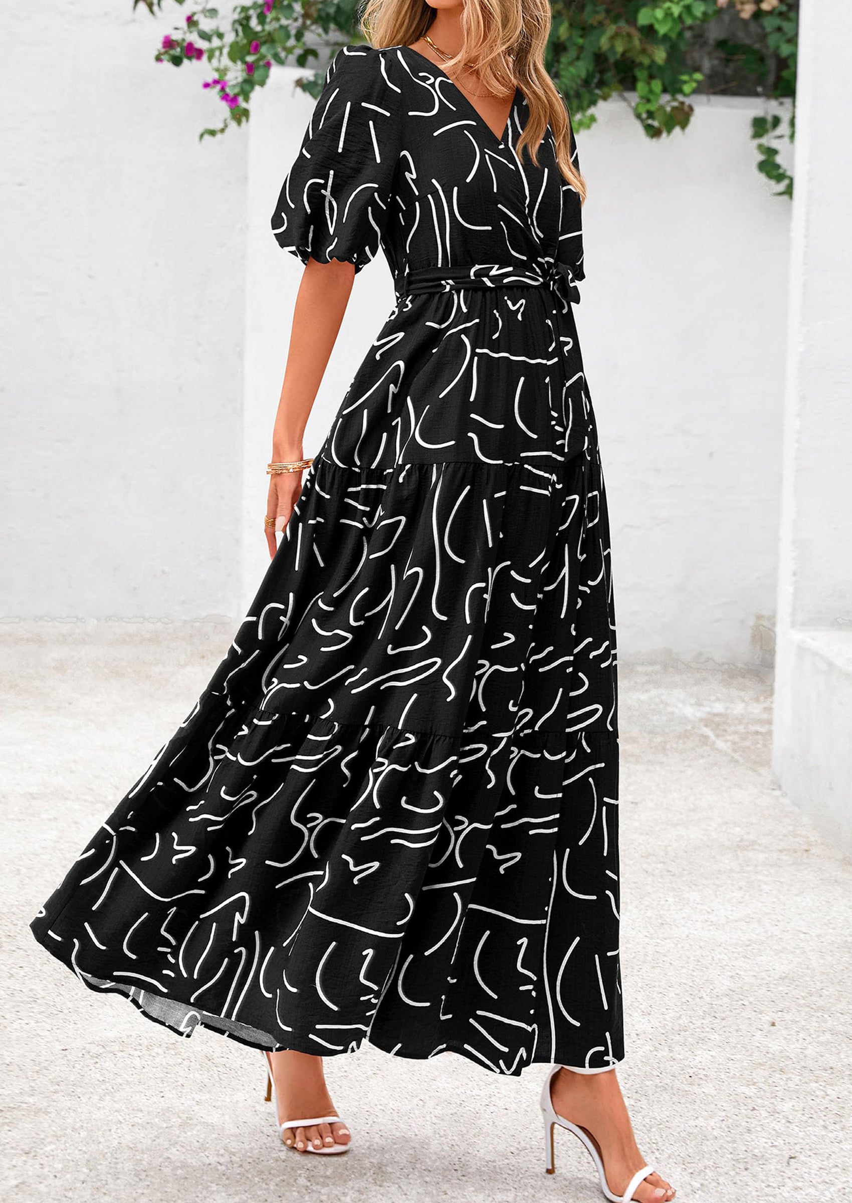 PRETTYGARDEN Women's Maxi Dress Resort Wear Boho Floral V Neck Puff Short Sleeve Ruffle Flowy Beach Long Dresses