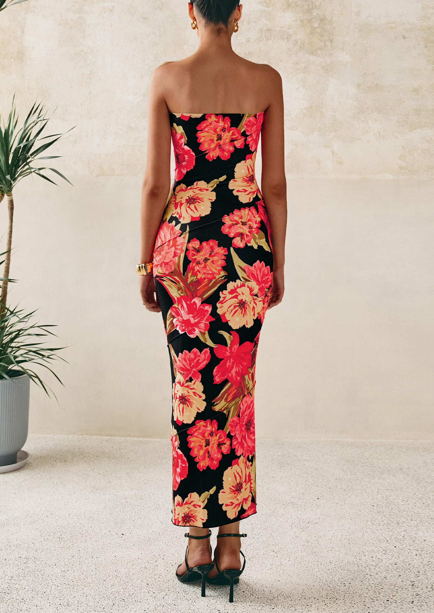 PRETTYGARDEN Women's Floral Bodycon Maxi Dresses Ribbed Strapless Tube Casual Boho Party Long Dress