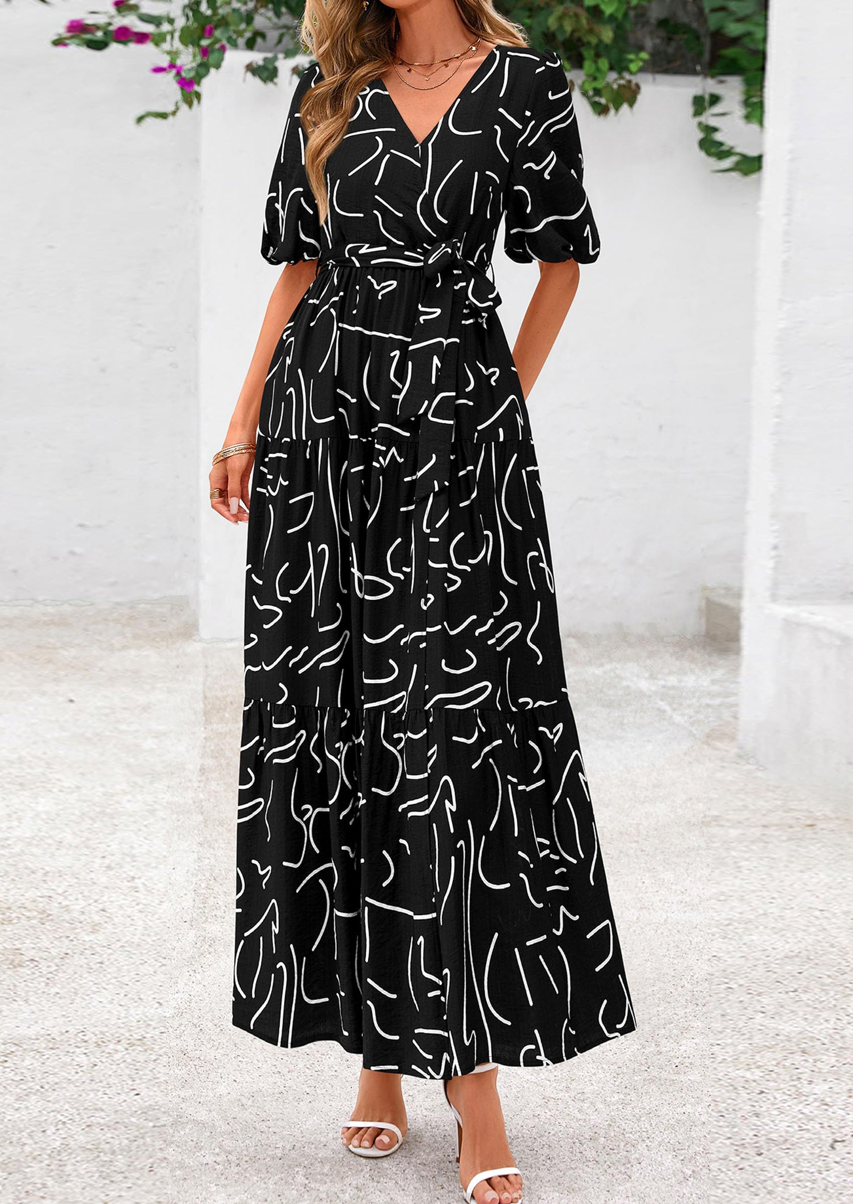 PRETTYGARDEN Women's Maxi Dress Resort Wear Boho Floral V Neck Puff Short Sleeve Ruffle Flowy Beach Long Dresses