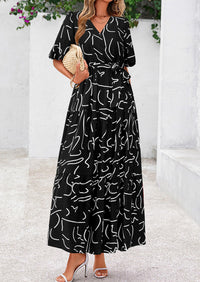 PRETTYGARDEN Women's Maxi Dress Resort Wear Boho Floral V Neck Puff Short Sleeve Ruffle Flowy Beach Long Dresses