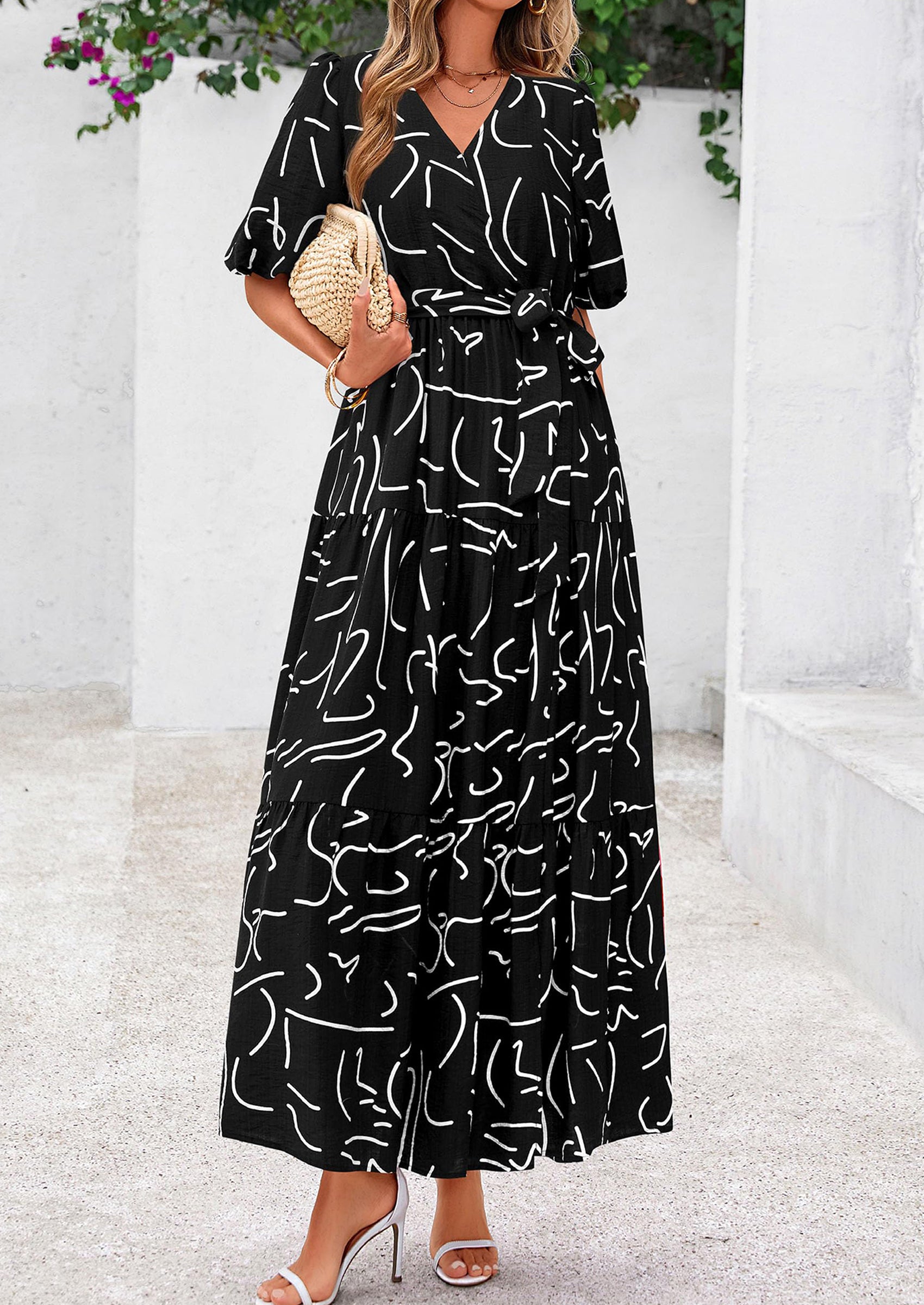 PRETTYGARDEN Women's Maxi Dress Resort Wear Boho Floral V Neck Puff Short Sleeve Ruffle Flowy Beach Long Dresses