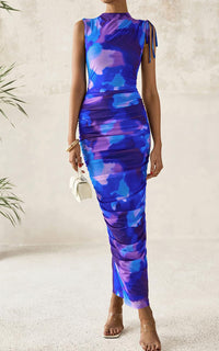 PRETTYGARDEN Women's Summer Maxi Floral Dresses Ruched Bodycon Sleeveless Mesh Formal Wedding Guest Cocktail Split Long Dress PRETTYGARDEN