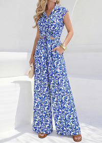 PRETTYGARDEN 2 Piece Sets For Women Summer Striped Button Down Tie Front Crop Tops Wide Leg Pants Floral Lounge Set 2026 PRETTYGARDEN