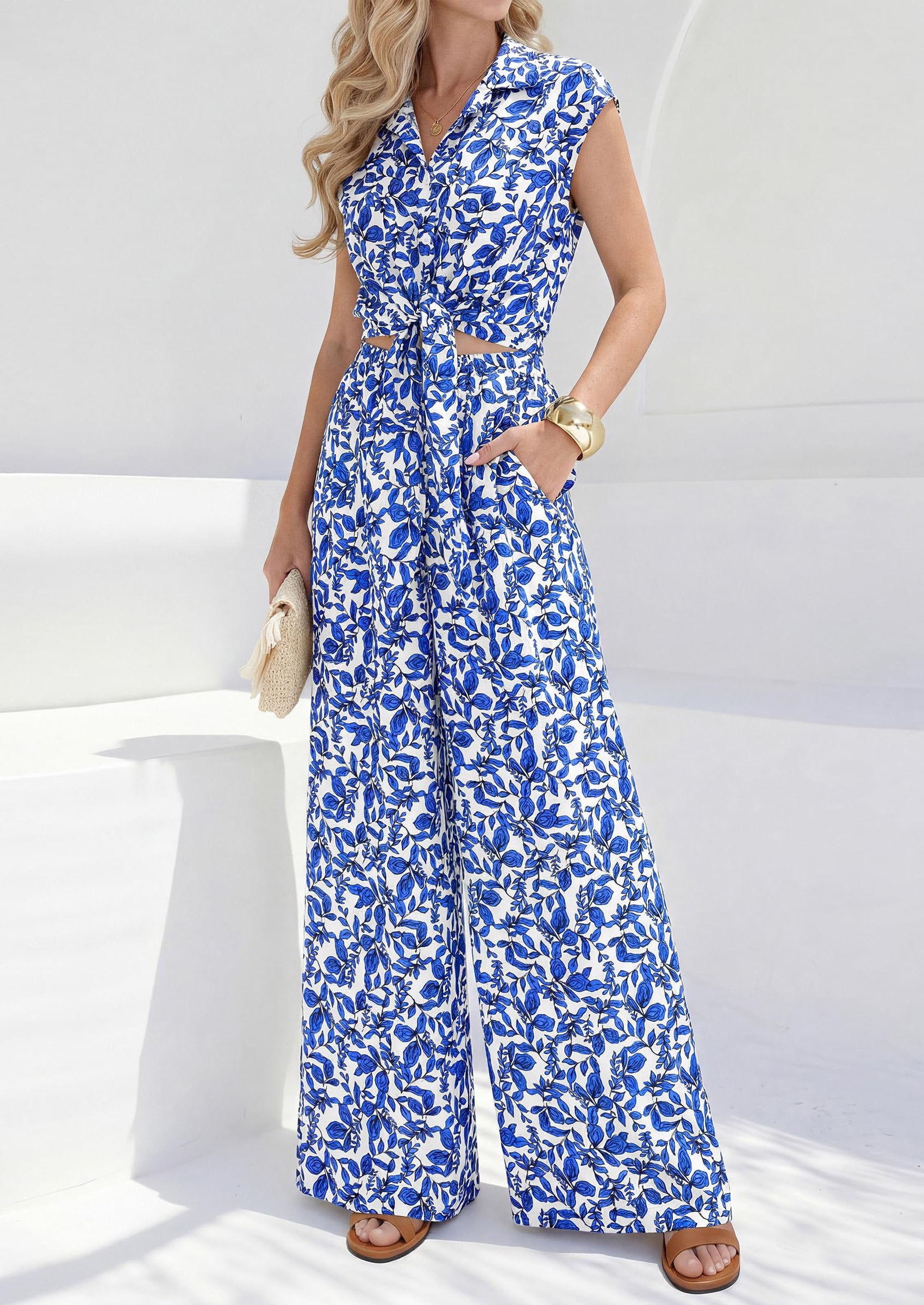 PRETTYGARDEN 2 Piece Sets For Women Summer Striped Button Down Tie Front Crop Tops Wide Leg Pants Floral Lounge Set 2026 PRETTYGARDEN