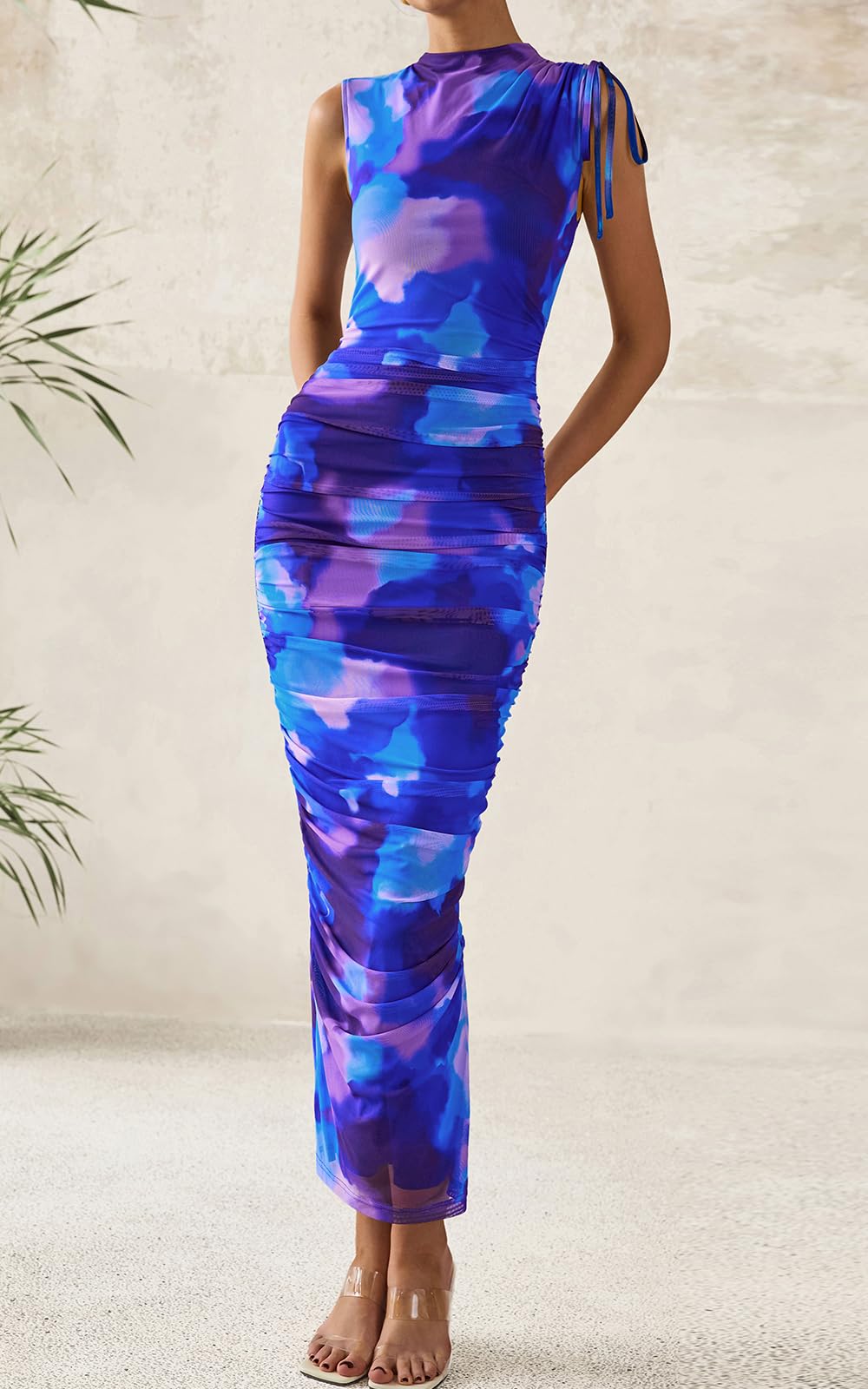 PRETTYGARDEN Women's Summer Maxi Floral Dresses Ruched Bodycon Sleeveless Mesh Formal Wedding Guest Cocktail Split Long Dress PRETTYGARDEN