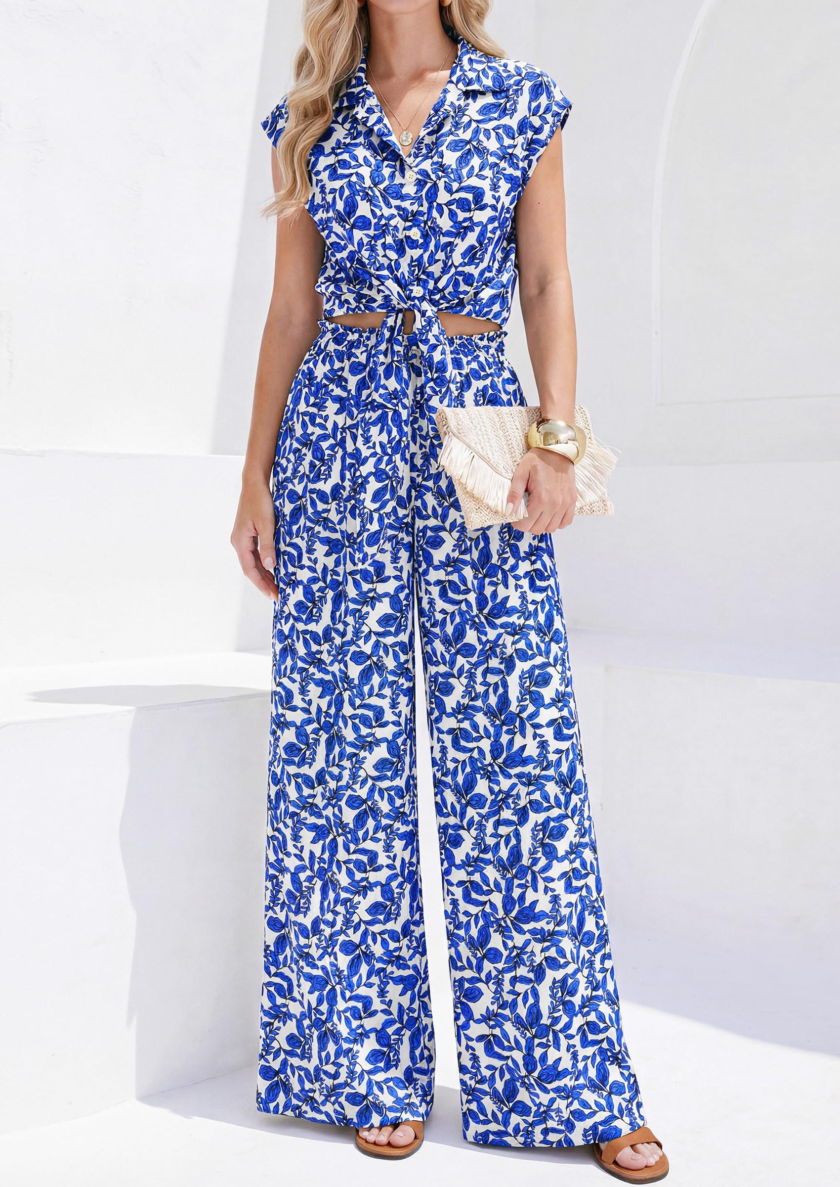 PRETTYGARDEN 2 Piece Sets For Women Summer Striped Button Down Tie Front Crop Tops Wide Leg Pants Floral Lounge Set 2026 PRETTYGARDEN