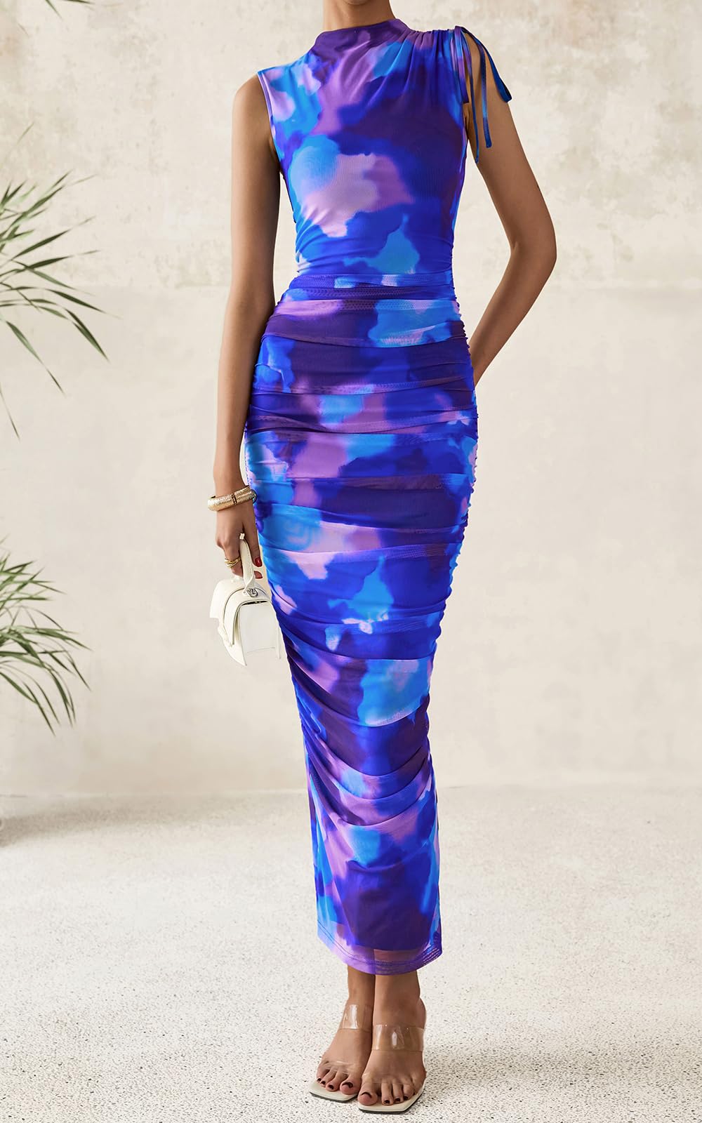 PRETTYGARDEN Women's Summer Maxi Floral Dresses Ruched Bodycon Sleeveless Mesh Formal Wedding Guest Cocktail Split Long Dress PRETTYGARDEN