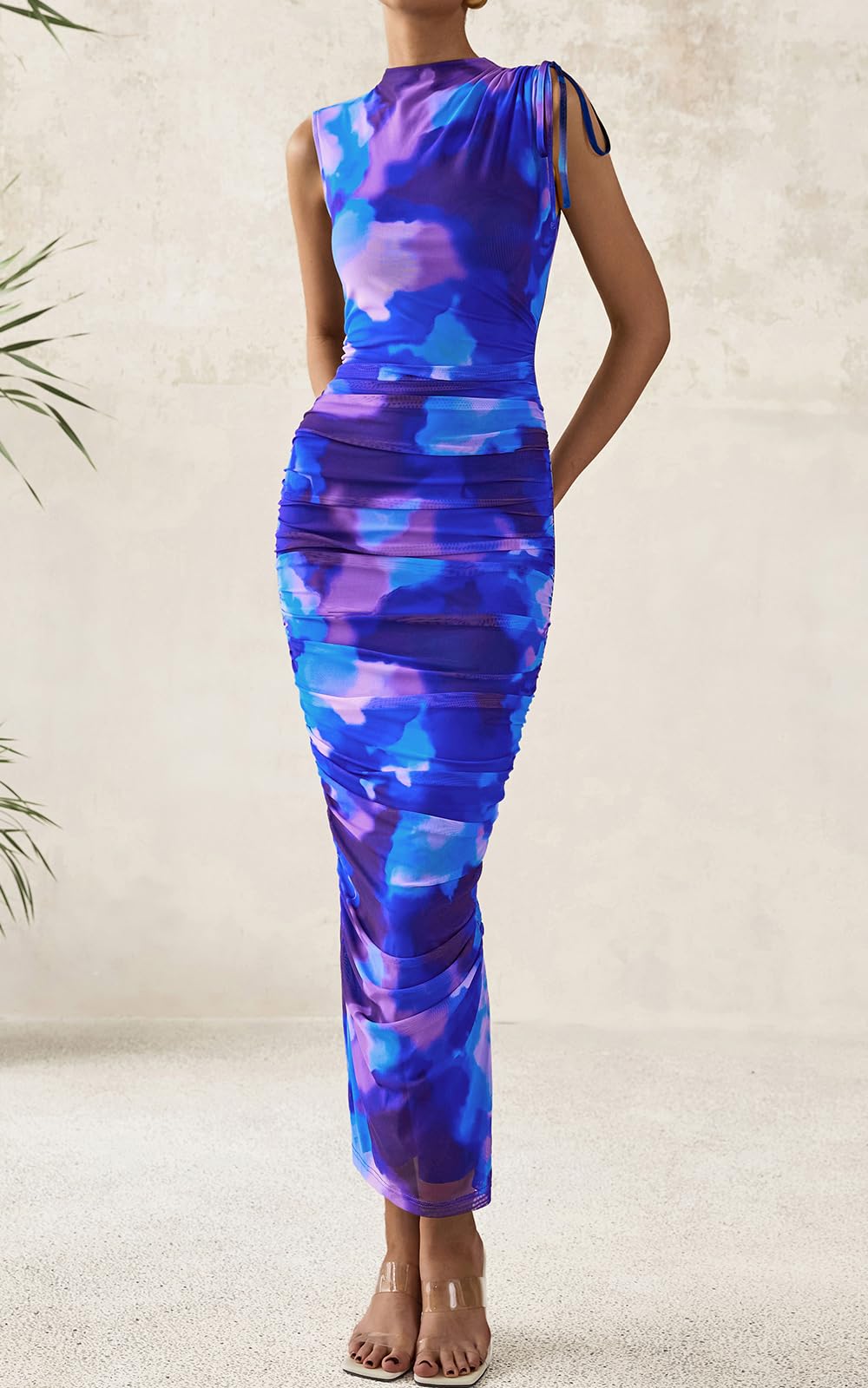 PRETTYGARDEN Women's Summer Maxi Floral Dresses Ruched Bodycon Sleeveless Mesh Formal Wedding Guest Cocktail Split Long Dress PRETTYGARDEN