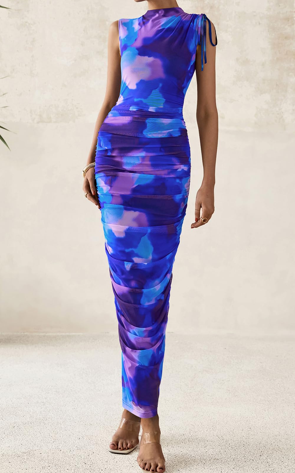 PRETTYGARDEN Women's Summer Maxi Floral Dresses Ruched Bodycon Sleeveless Mesh Formal Wedding Guest Cocktail Split Long Dress PRETTYGARDEN