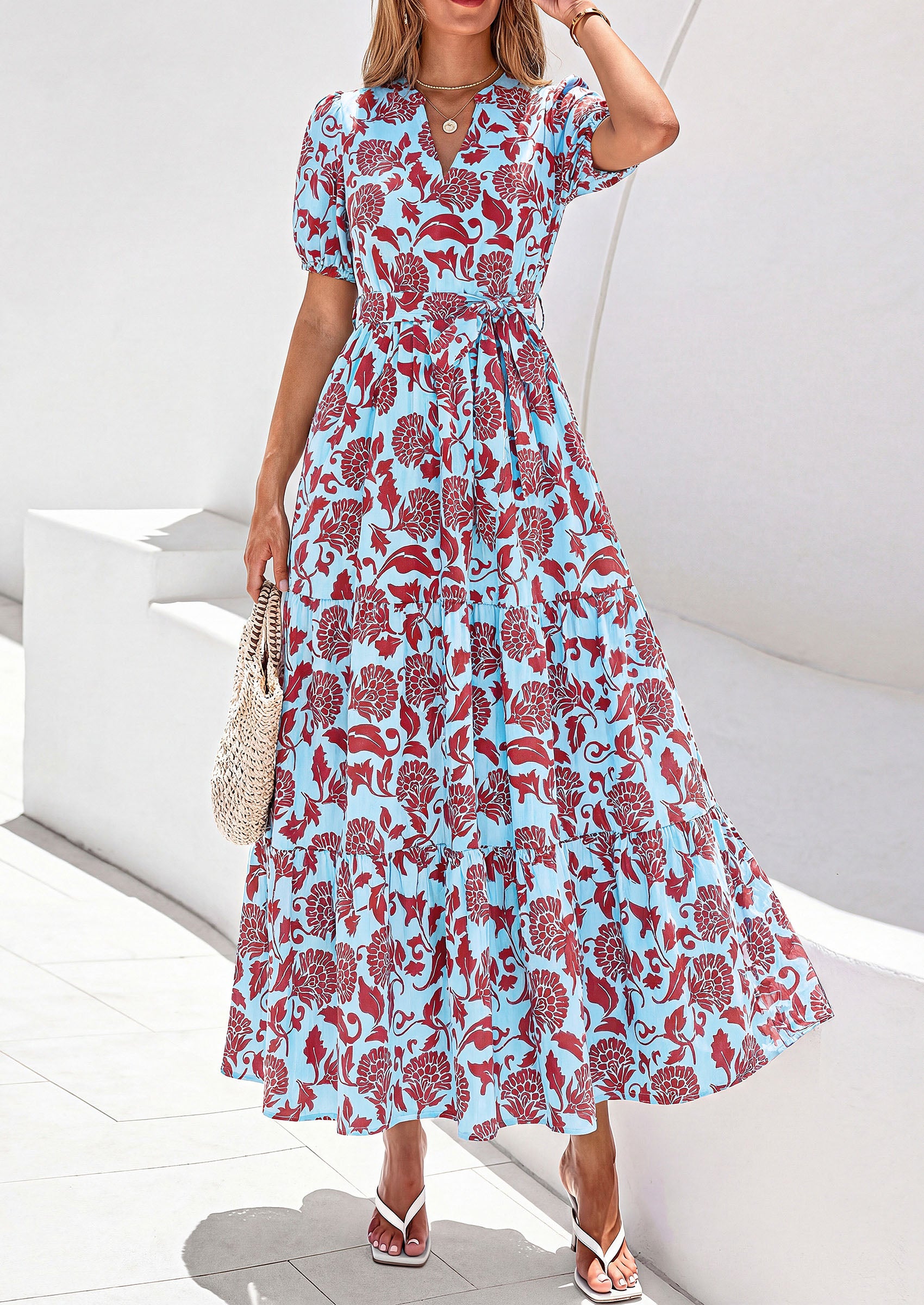 PRETTYGARDEN Women's Summer Maxi Dresses Boho Floral Short Sleeve V Neck Casual Wedding Guest 2026 Beach Vacation Outfits