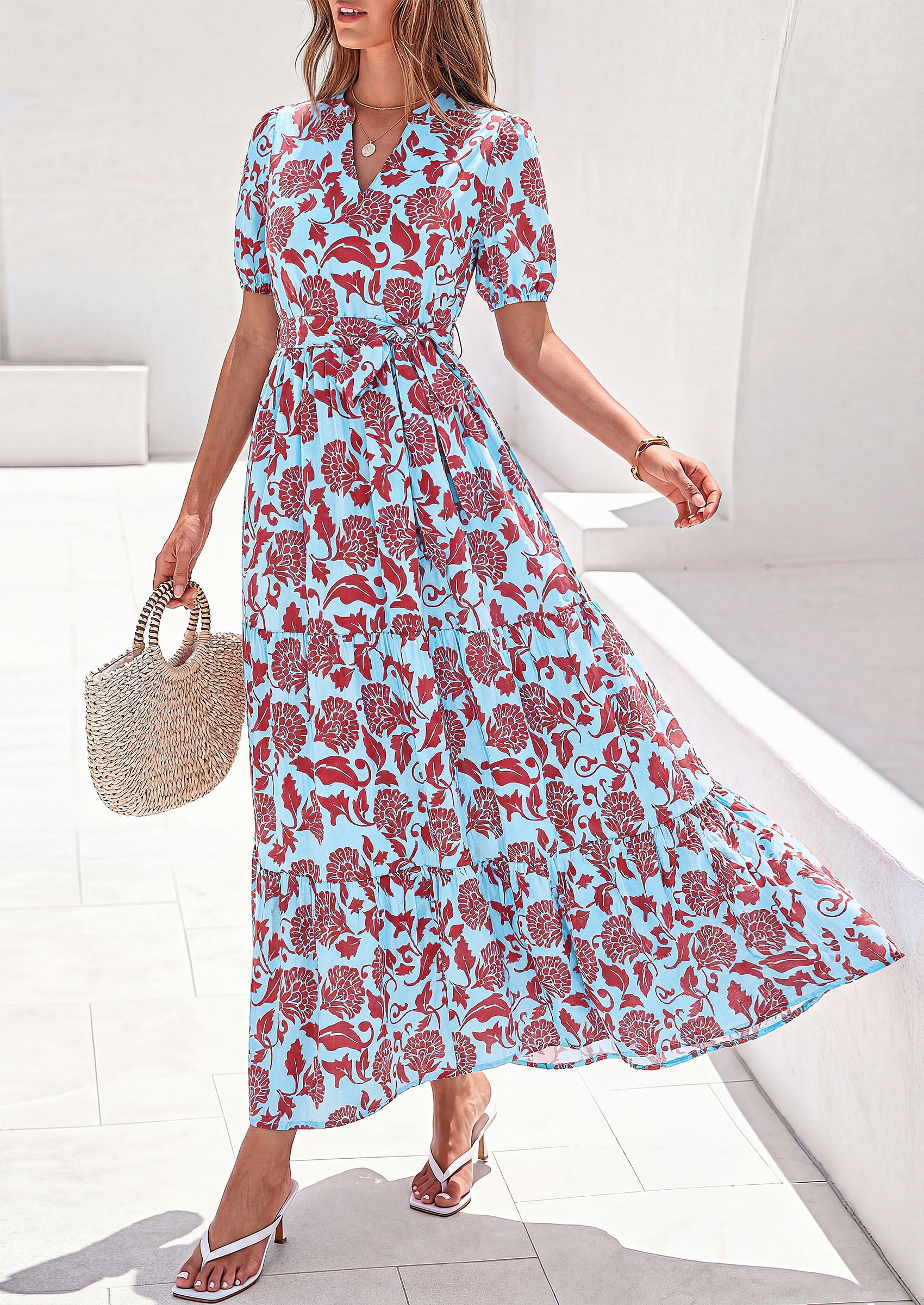 PRETTYGARDEN Women's Summer Maxi Dresses Boho Floral Short Sleeve V Neck Casual Wedding Guest 2026 Beach Vacation Outfits