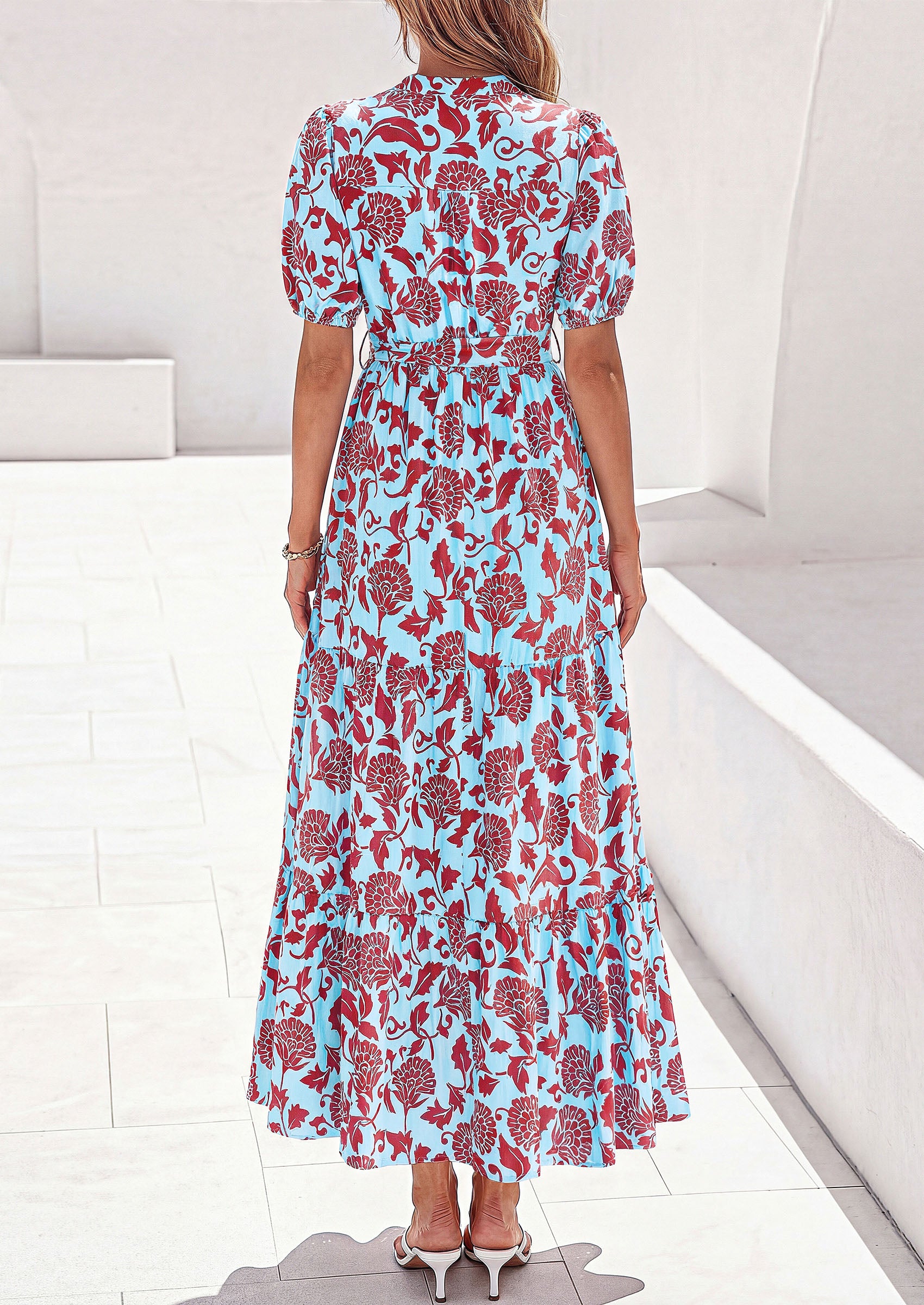 PRETTYGARDEN Women's Summer Maxi Dresses Boho Floral Short Sleeve V Neck Casual Wedding Guest 2026 Beach Vacation Outfits