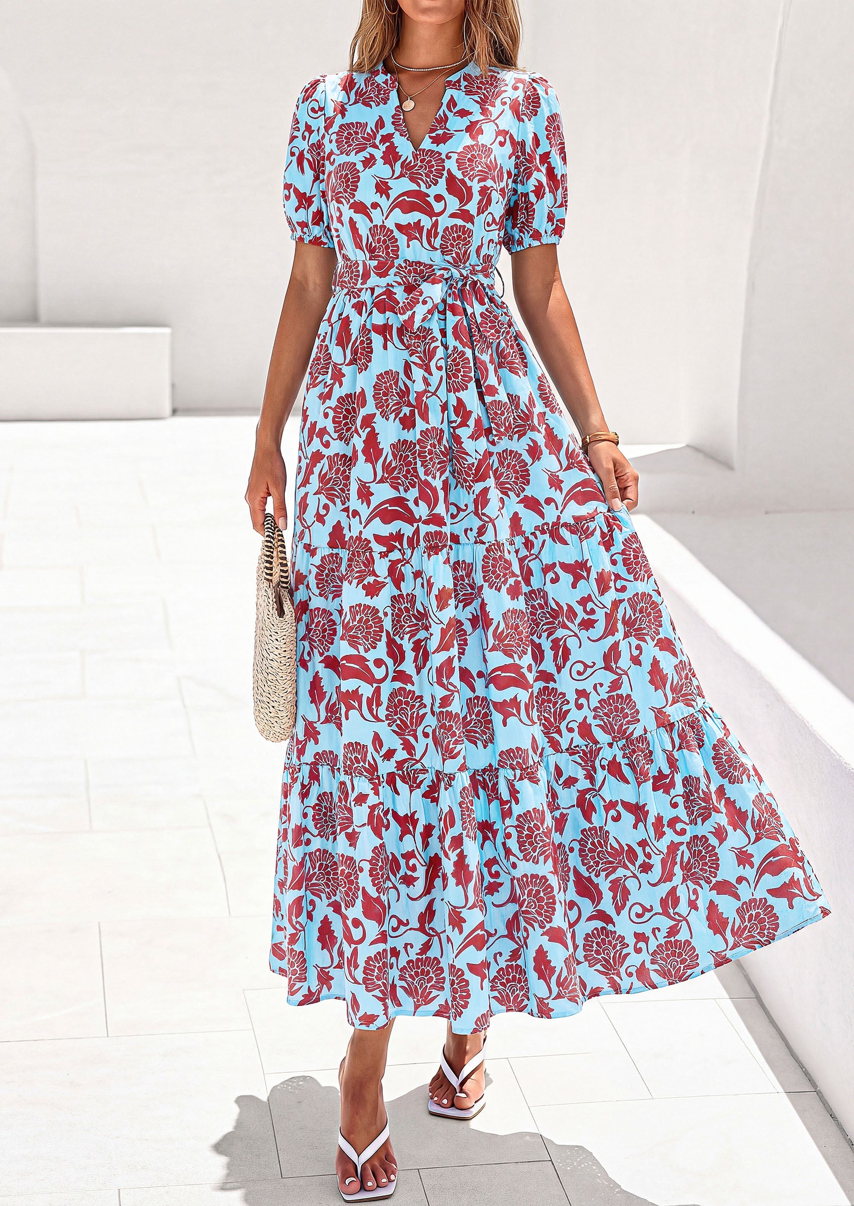 PRETTYGARDEN Women's Summer Maxi Dresses Boho Floral Short Sleeve V Neck Casual Wedding Guest 2026 Beach Vacation Outfits