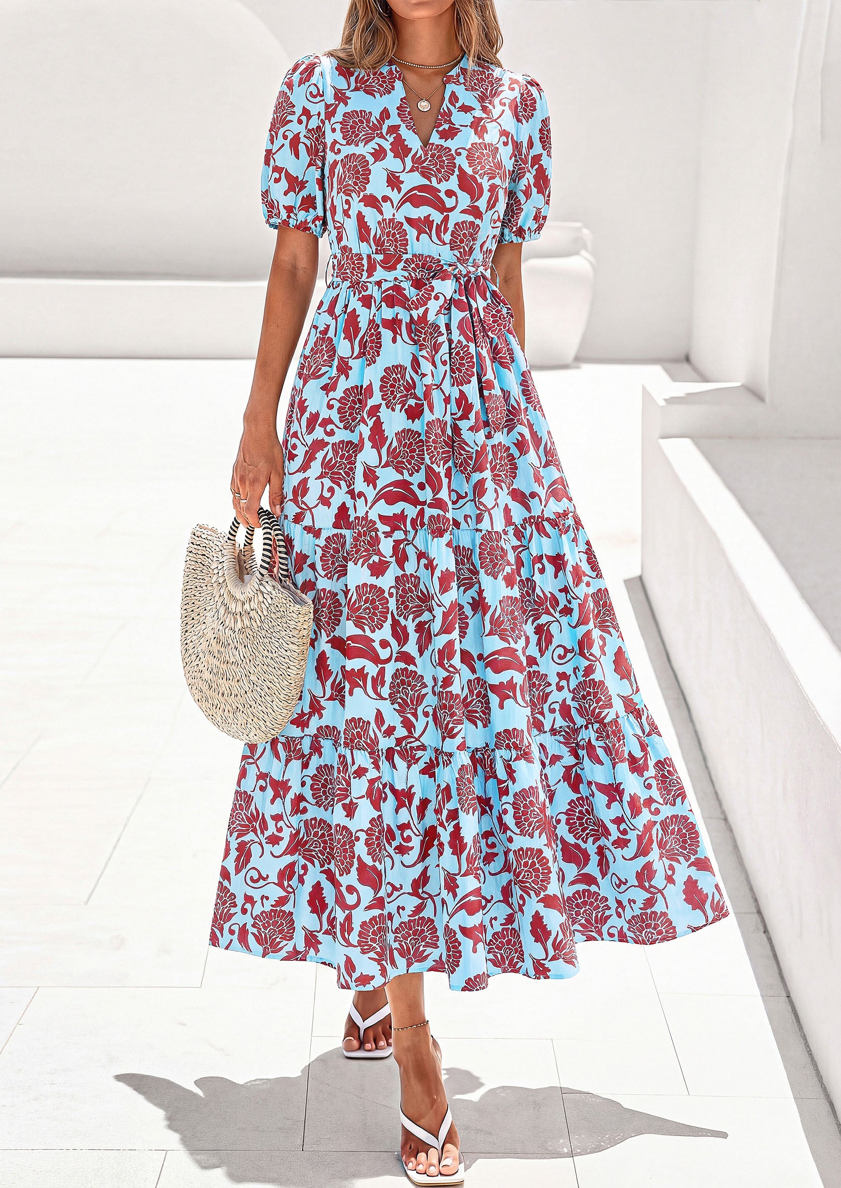 PRETTYGARDEN Women's Summer Maxi Dresses Boho Floral Short Sleeve V Neck Casual Wedding Guest 2026 Beach Vacation Outfits