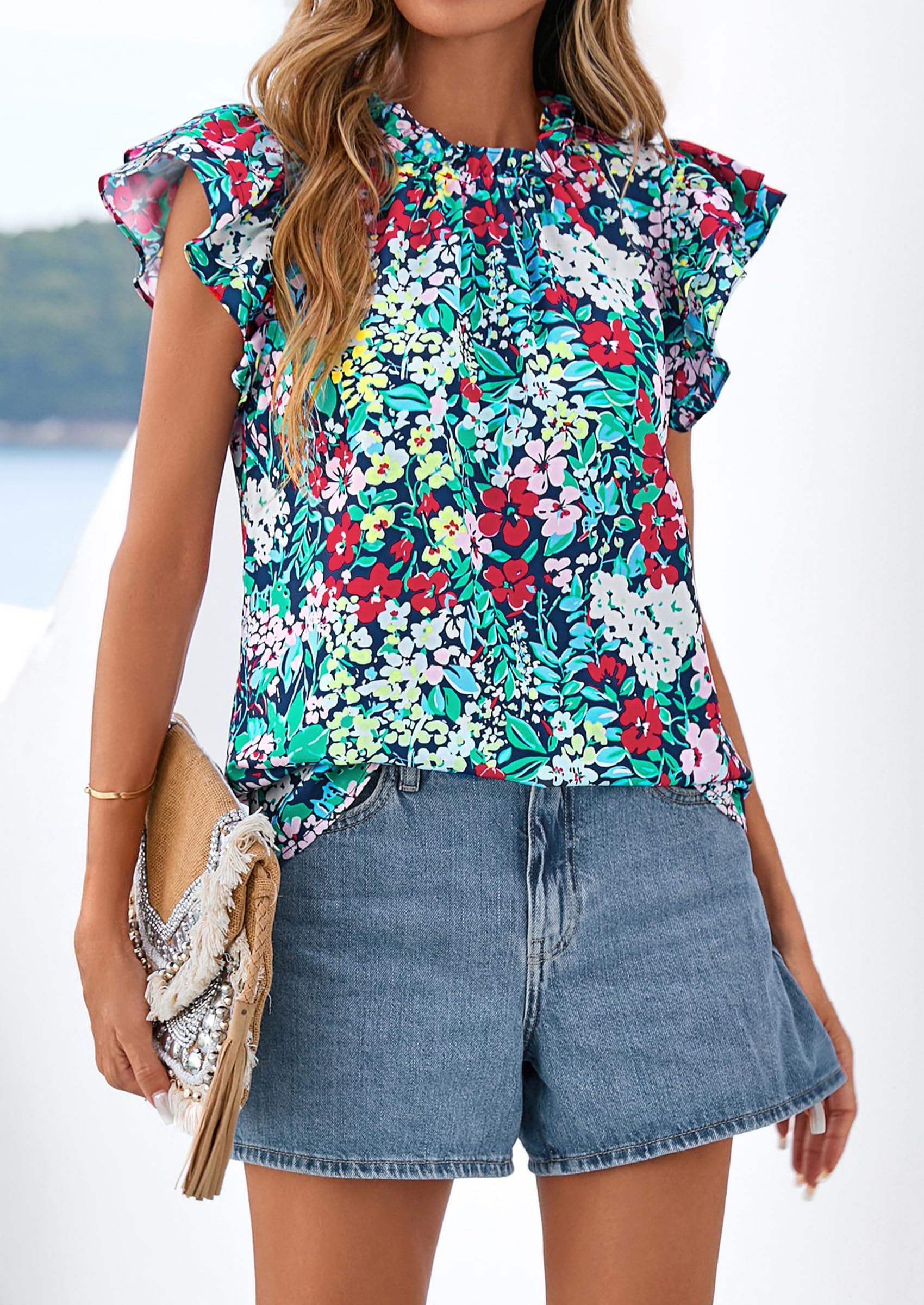 PRETTYGARDEN Women's Ruffle Short Sleeve Summer Tops Trendy Floral Trim Neck Casual Dressy Chiffon Boho Blouses Shirts PRETTYGARDEN