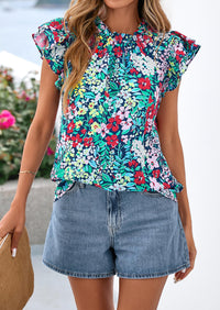 PRETTYGARDEN Women's Ruffle Short Sleeve Summer Tops Trendy Floral Trim Neck Casual Dressy Chiffon Boho Blouses Shirts PRETTYGARDEN