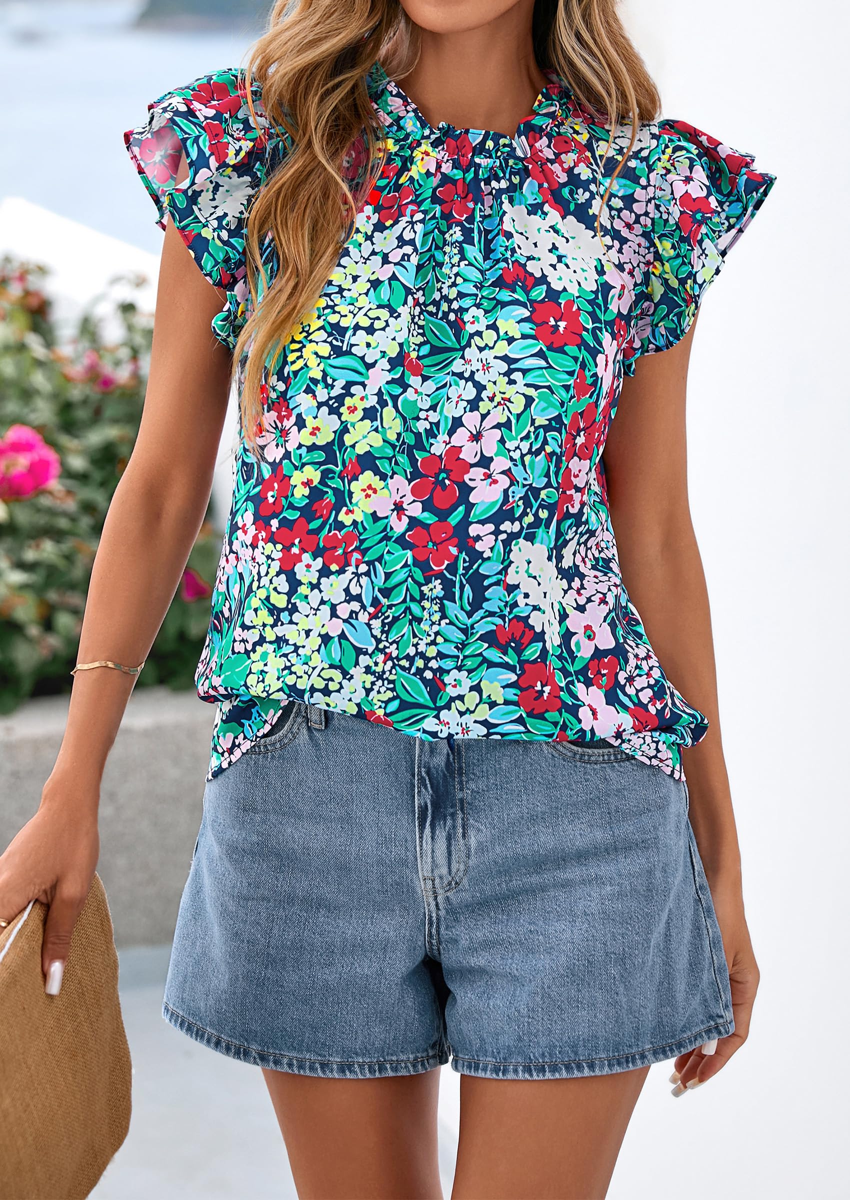 PRETTYGARDEN Women's Ruffle Short Sleeve Summer Tops Trendy Floral Trim Neck Casual Dressy Chiffon Boho Blouses Shirts PRETTYGARDEN