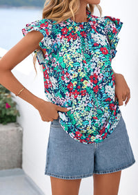 PRETTYGARDEN Women's Ruffle Short Sleeve Summer Tops Trendy Floral Trim Neck Casual Dressy Chiffon Boho Blouses Shirts PRETTYGARDEN