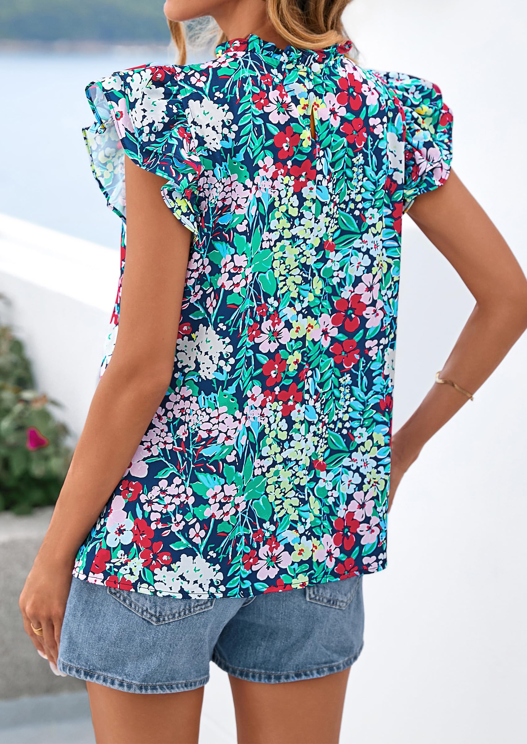 PRETTYGARDEN Women's Ruffle Short Sleeve Summer Tops Trendy Floral Trim Neck Casual Dressy Chiffon Boho Blouses Shirts PRETTYGARDEN