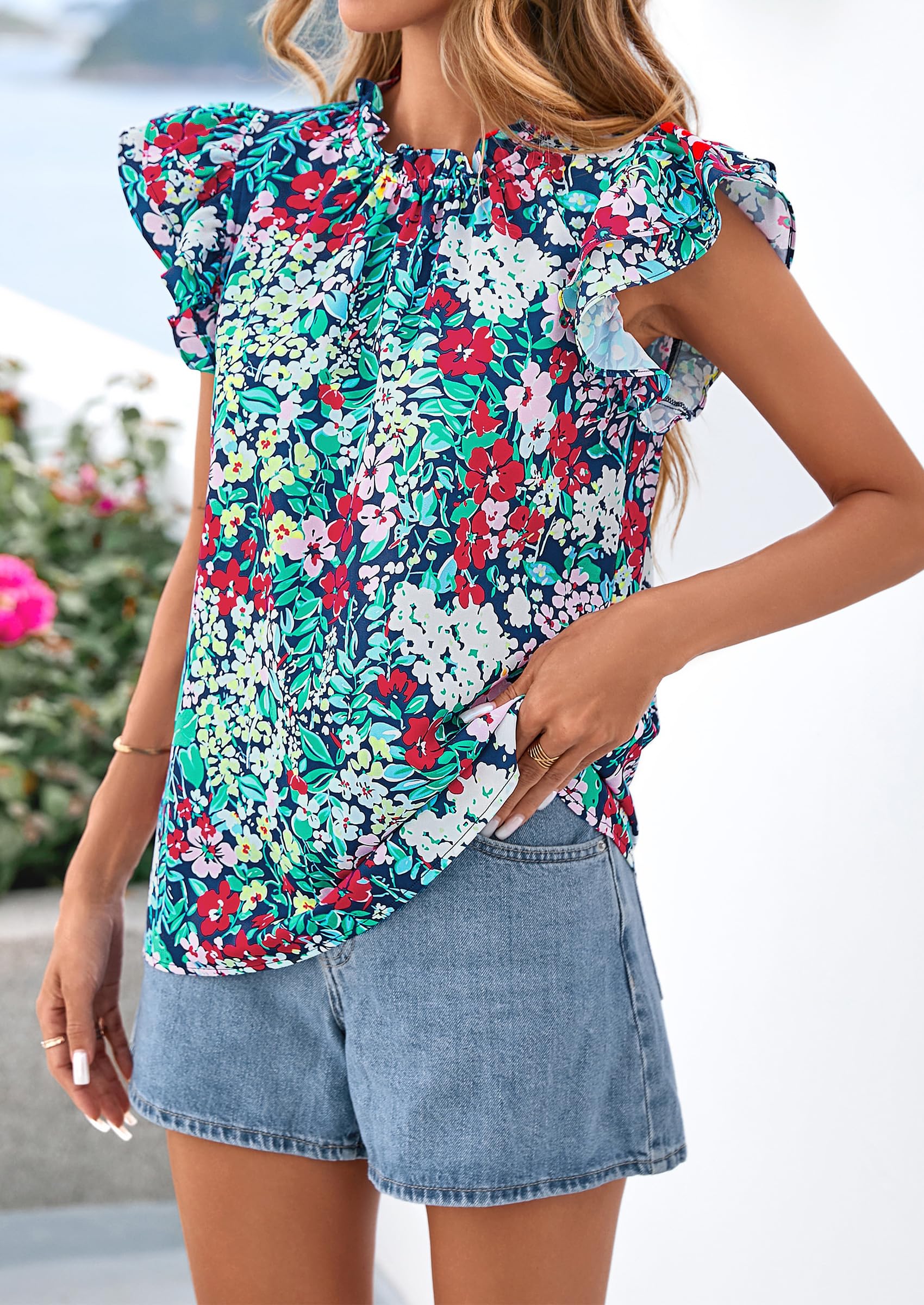 PRETTYGARDEN Women's Ruffle Short Sleeve Summer Tops Trendy Floral Trim Neck Casual Dressy Chiffon Boho Blouses Shirts PRETTYGARDEN