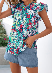 PRETTYGARDEN Women's Ruffle Short Sleeve Summer Tops Trendy Floral Trim Neck Casual Dressy Chiffon Boho Blouses Shirts PRETTYGARDEN