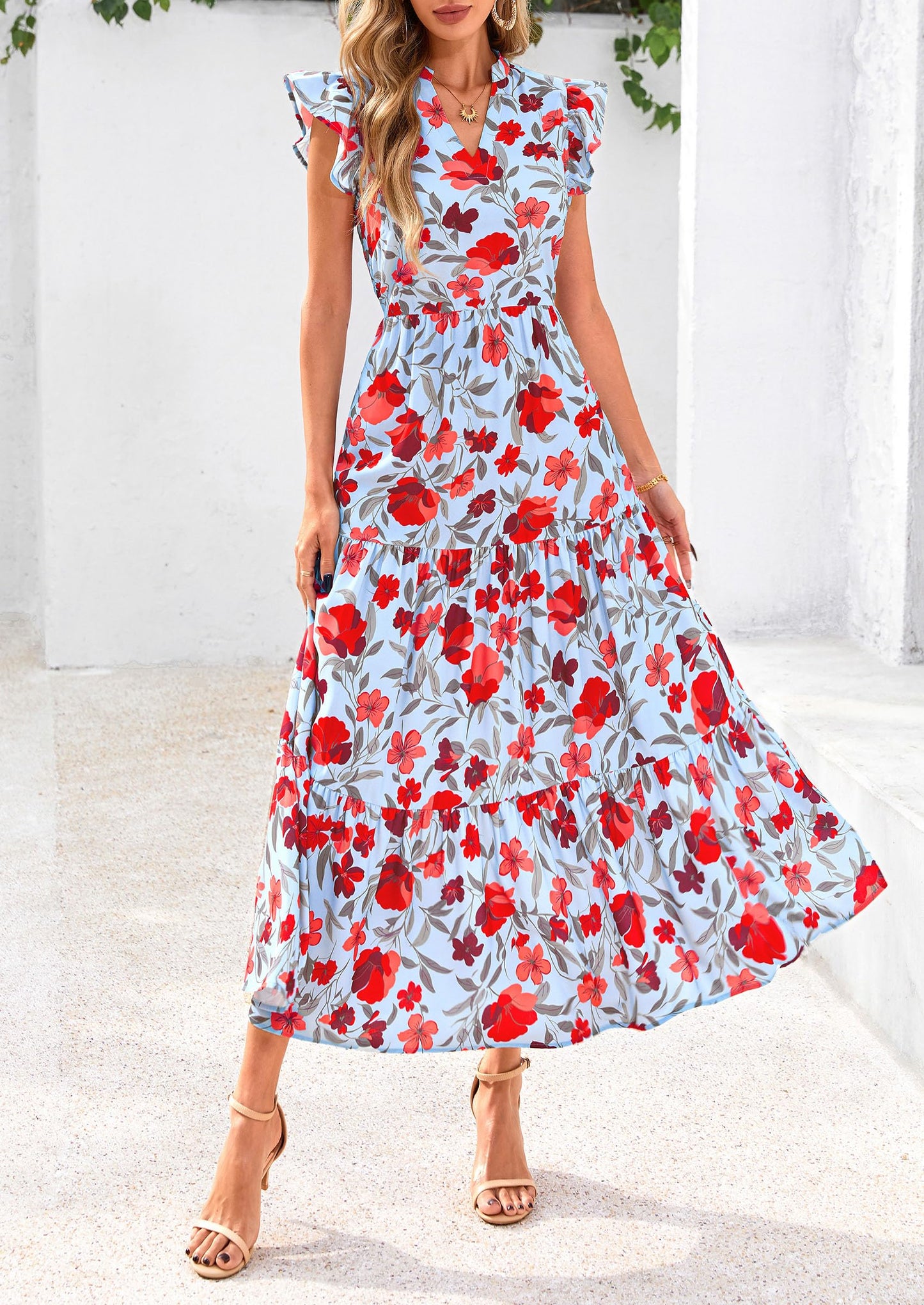 Women's 2025 Summer Floral Midi Dress Cap Sleeve V Neck Ruffle Long Flowy Boho Casual Beach Vacation Dresses