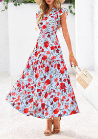 Summer Floral Cap Sleeve V Neck Ruffle Long Flowy Boho Casual Beach Vacation Midi Dress