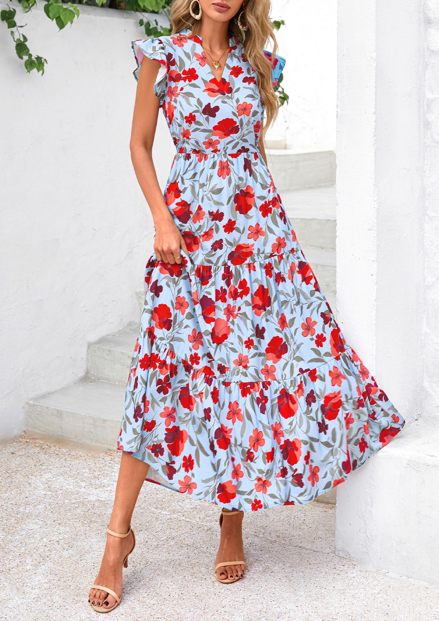 Women's 2025 Summer Floral Midi Dress Cap Sleeve V Neck Ruffle Long Flowy Boho Casual Beach Vacation Dresses