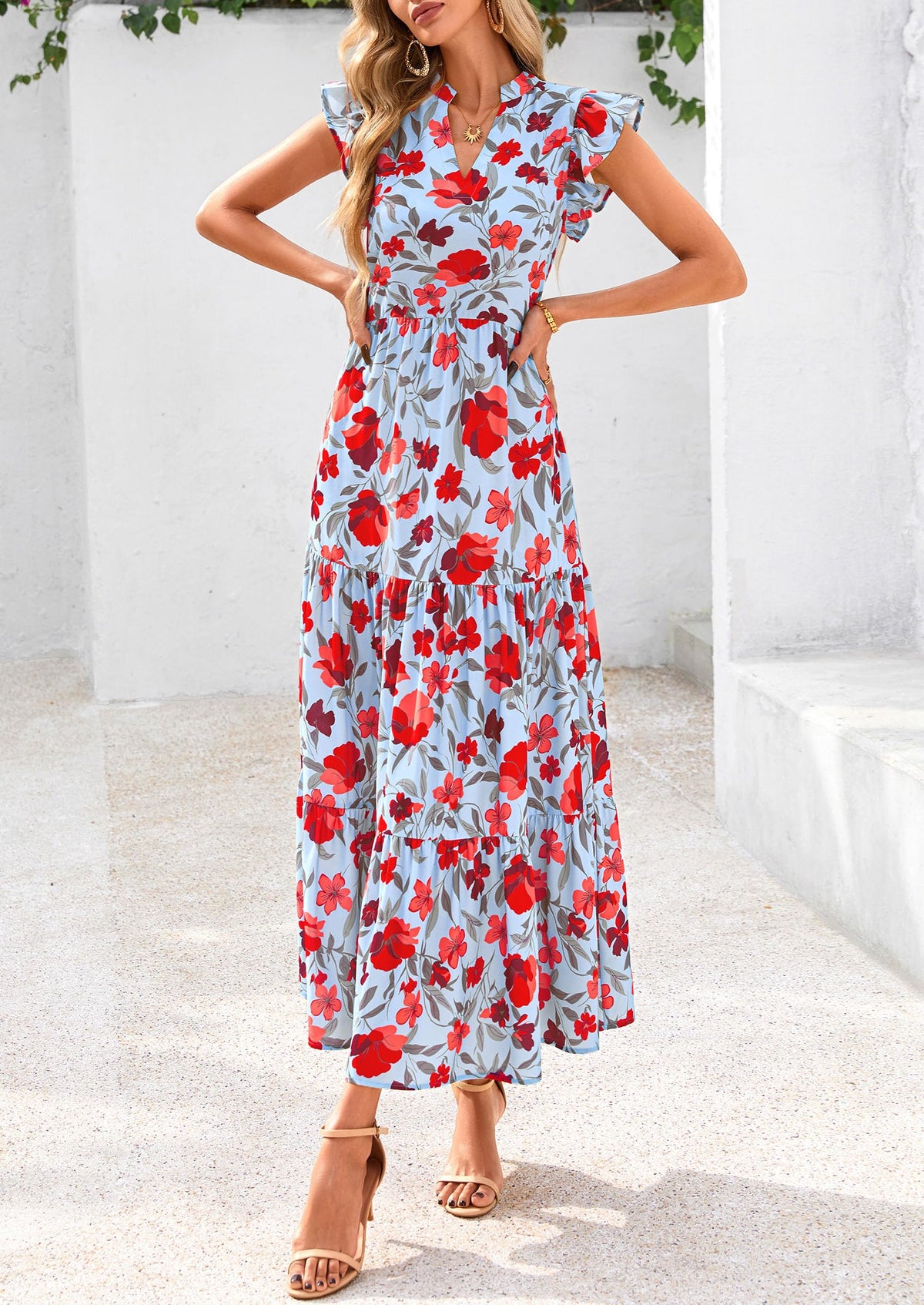 Summer Floral Cap Sleeve V Neck Ruffle Long Flowy Boho Casual Beach Vacation Midi Dress