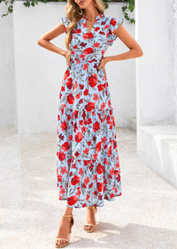 Summer Floral Cap Sleeve V Neck Ruffle Long Flowy Boho Casual Beach Vacation Midi Dress